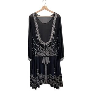Antique 1920s Beaded Rhinestone Silk Crepe Chiffon Art Deco Dress Black M/L
